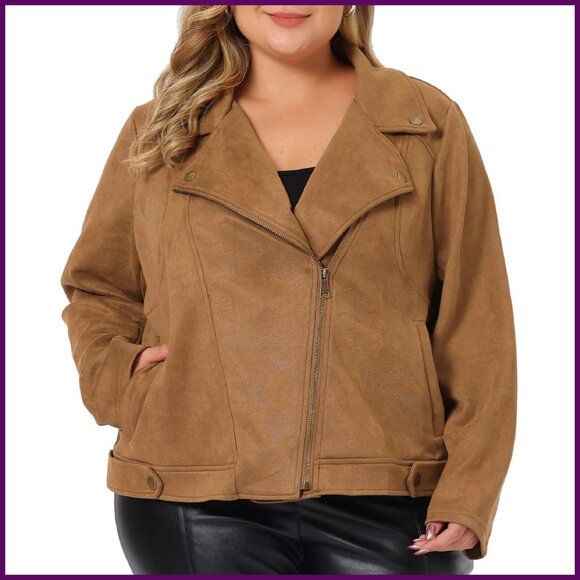 Plus Size Faux Suede Moto Biker Jacket Crop Bomber Zipper Coat